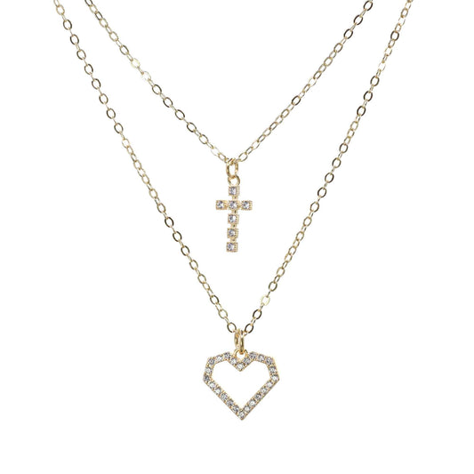 Collar Enchapado en Oro Doble Corazón y Cruz de Circones