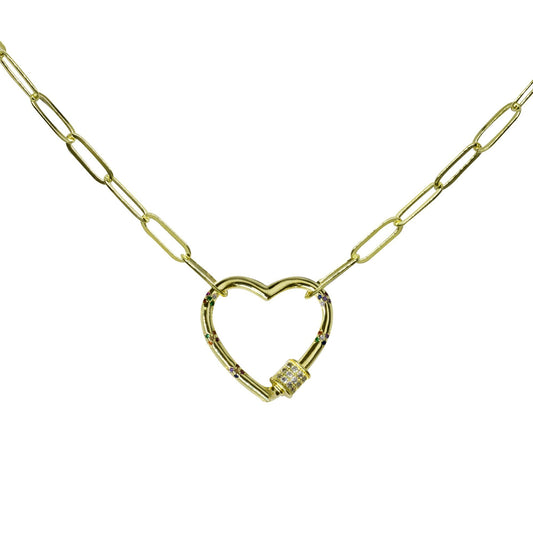 Collar Enchapado en Oro Eslabón Broche Corazón Microcircones