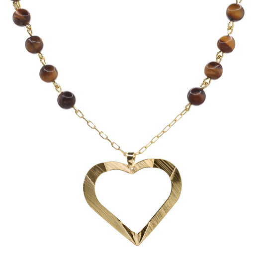 Collar Enchapado en Oro Figura Corazón Irregular Piedra Ojo de Tigre