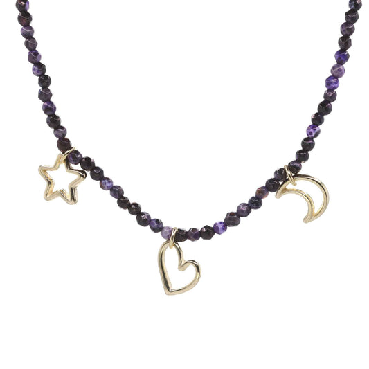 Collar Enchapado en Oro Figuras Corazón, Estrella y luna con Piedras Ágata Morada