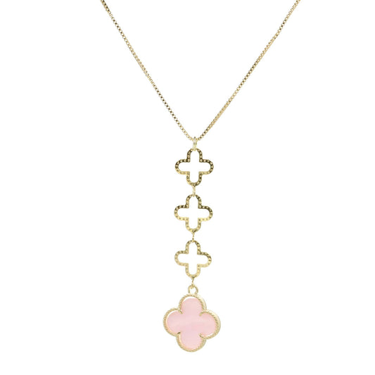 Collar Enchapado en Oro - Figuras de Flores y Placa Flor Rosa