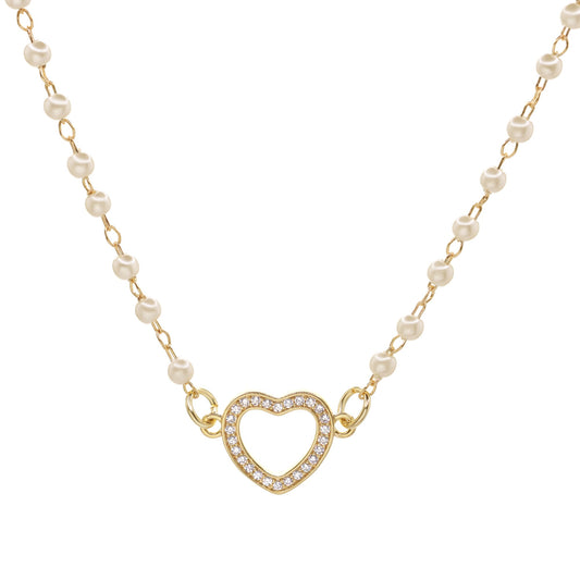 Collar Enchapado en Oro - Pequeñas Perlas con Corazón de Circones
