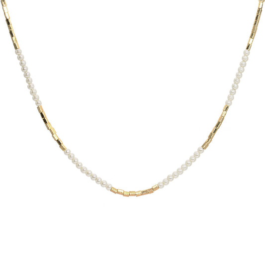 Collar Enchapado en Oro Pequeñas Perlas de Imitación Combinadas con Canutillos Dorados Satinados