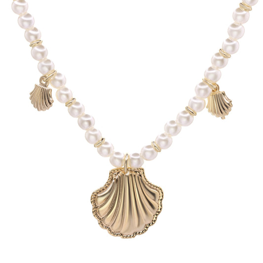 Collar Enchapado en Oro Perlas de Imitación con Colgantes de Concha y Terminales Dorados