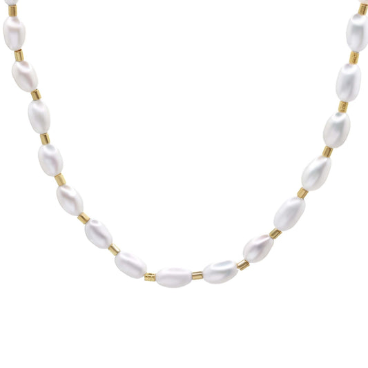 Collar Enchapado en Oro Perlas de Río Arroz con Mostacilla Satinada