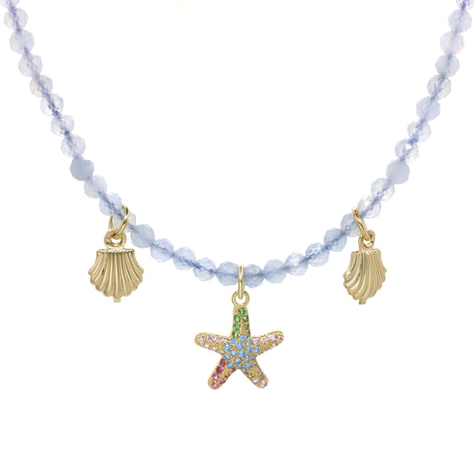 Collar Enchapado en Oro Piedras Ágata con Dijes Concha y Estrella de Mar con Circones de Colores