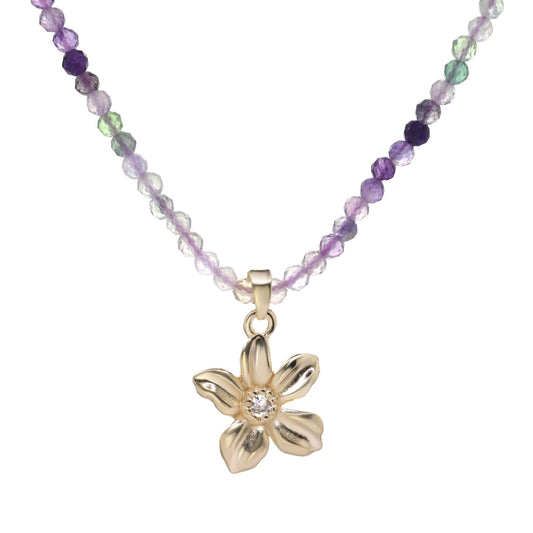 Collar Enchapado en Oro Piedras Ágata de Colores con Flor y Circón
