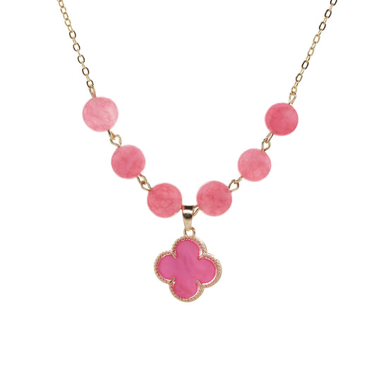 Collar Enchapado en Oro Piedras Ágatas Rosadas con Colgante de Flor de Acrílico