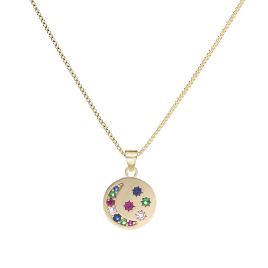 Collar Enchapado en Oro Placa con Media Luna y Circones de Colores