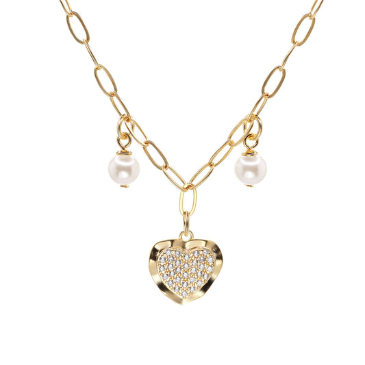 Collar Enchapado en Oro Placa Corazón con Circones y Perlas