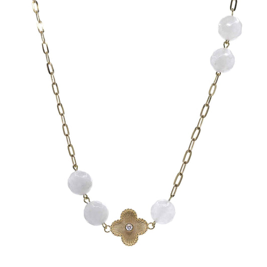 Collar Enchapado en Oro Placa de Flor con Esferas de Piedra Cuarzo