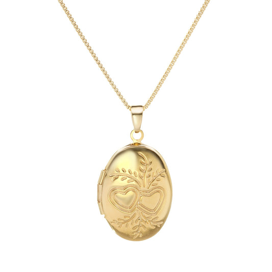 Collar Enchapado en Oro Relicario con Grabado Corazones