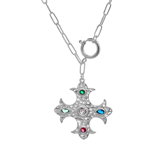 Collar Enchapado en Plata - Cruz con Circones de Colores y Broche Timón
