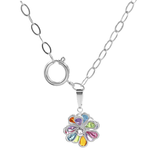 Collar Enchapado en Plata Diseño Flor de Colores con Broche Timón