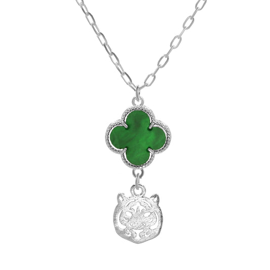 Collar Enchapado en Plata - Trébol Verde con Placa de Tigre