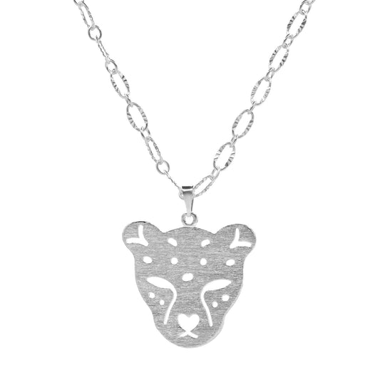 Collar Enchapado en Plata Eslabón Biselado con Colgante de Jaguar