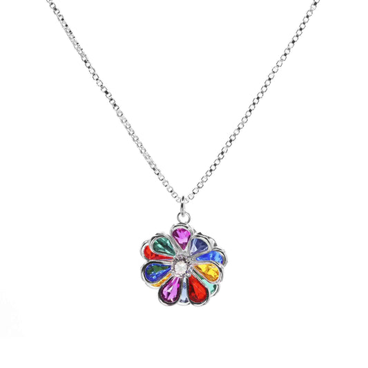 Collar Enchapado en Plata - Flor con Circones de Colores