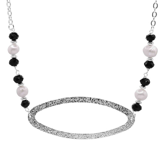 Collar Enchapado en Plata Ovalo con Relieves Cristales Negro y Perlas - DJOYAS