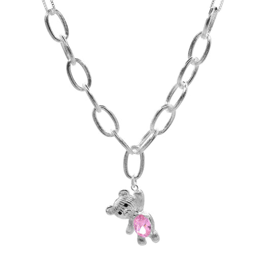 Collar Enchapado en Plata Veneciana y Eslabones Satinados con Colgante de Oso y Circón Rosa