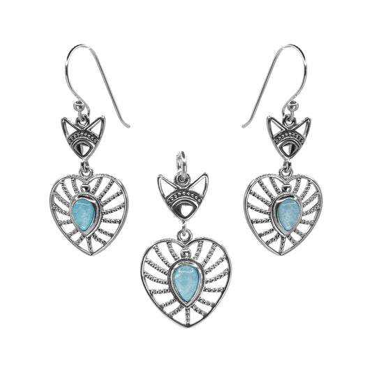 Conjunto de Plata Corazones con Piedra Calcedonia