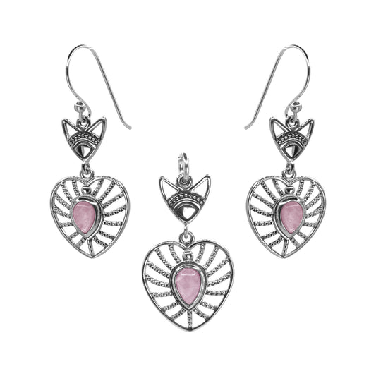 Conjunto de Plata Corazones con Piedra Cuarzo Rosa