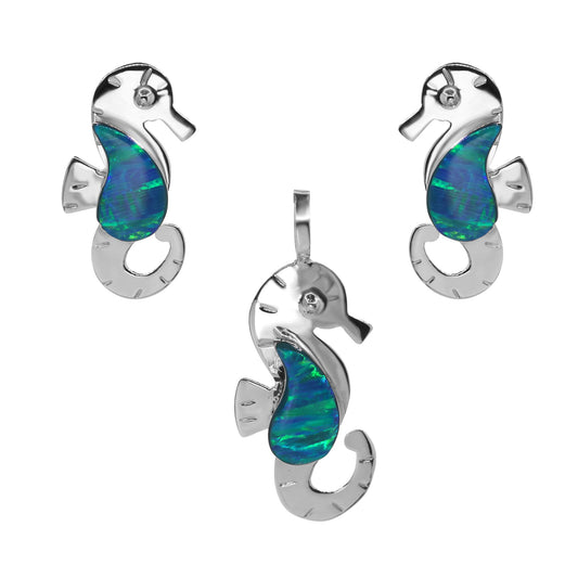 Conjunto de Plata - Caballo de Mar con Aplicación Ópalo Verde
