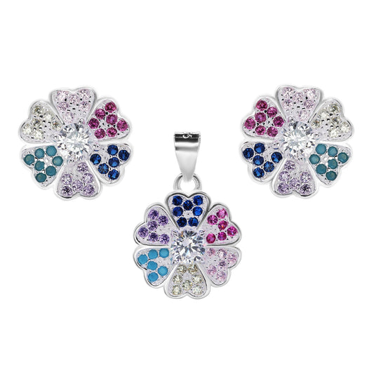 Conjunto de Plata - Flor de Margarita con Circones de Colores