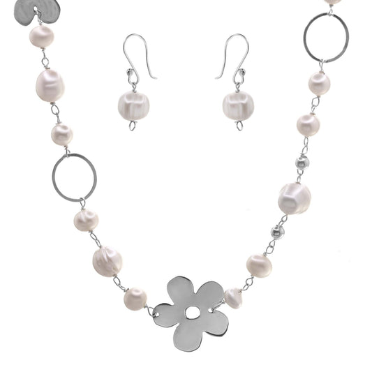 Conjunto de Plata - Perlas de Río con Flores Lisas