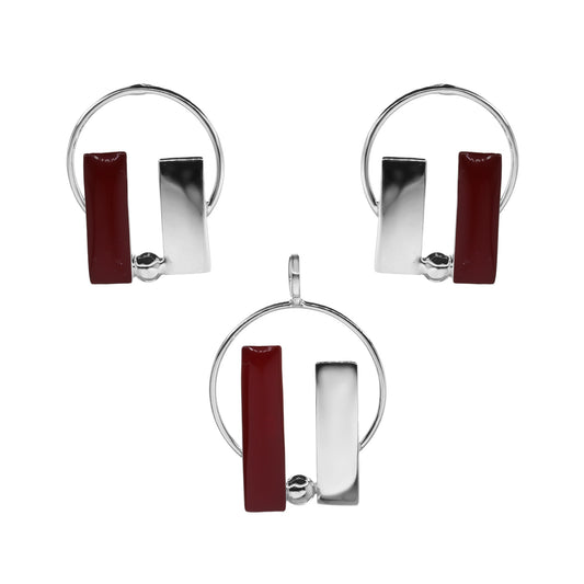 Conjunto de Plata - Argollas con Placas Lisas y Coral