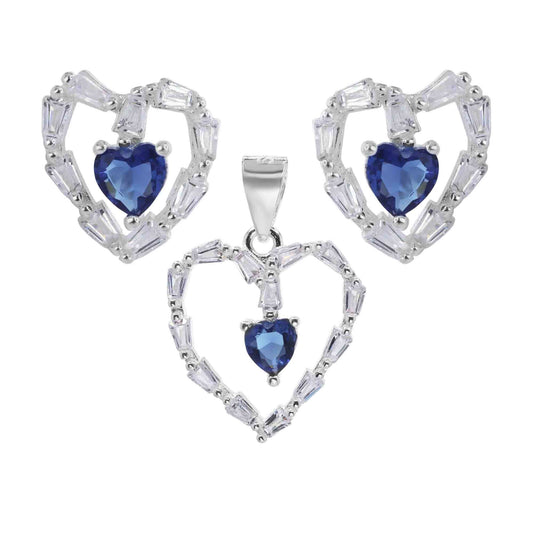 Conjunto de Plata - Corazón con Circón Azul con Borde Circones