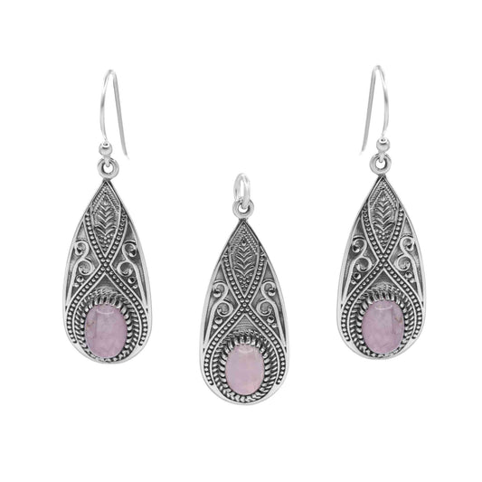 Conjunto de Plata Gotas - Tribal con Cuarzo Rosa