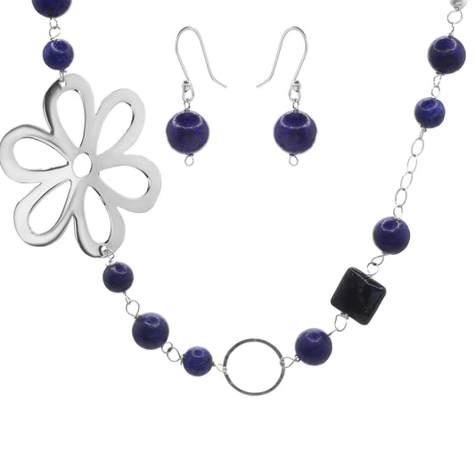 Conjunto de Plata - Largo con Lapislázuli y Placa de Flor