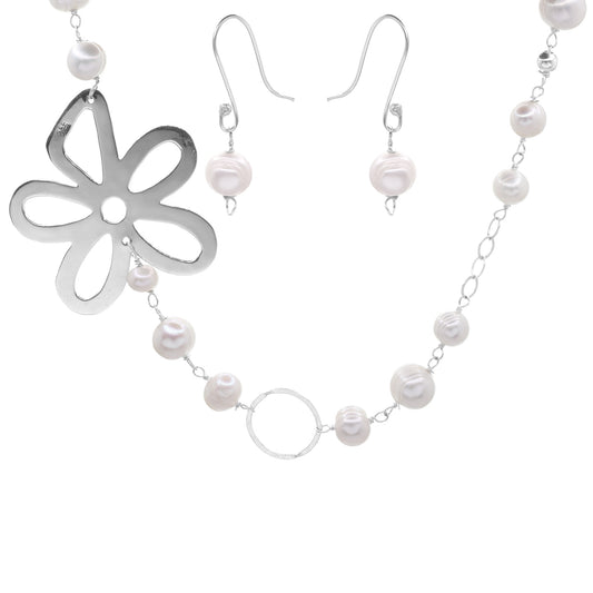 Conjunto de Plata - Largo con Perlas de Río y Placa de Flor