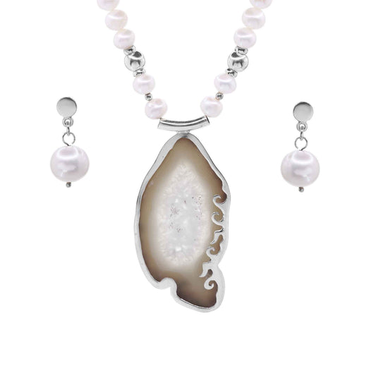 Conjunto de Plata Placa de Piedra Natural con Perlas de Río - DJOYAS