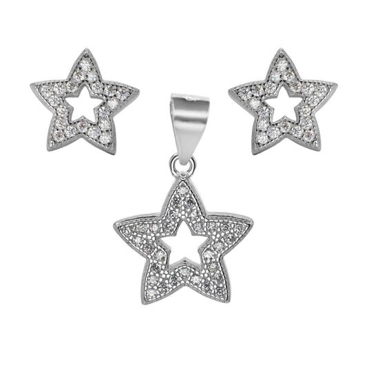 Conjunto de Plata Rodinada - Estrellas Caladas con Circones