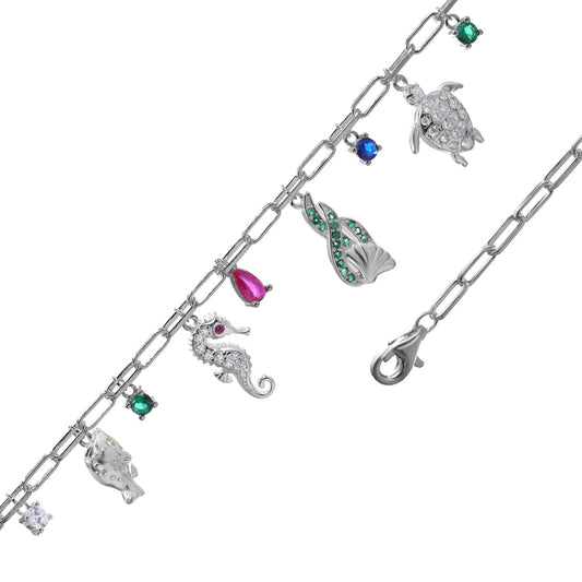 Pulsera de Plata Caballo de Mar con Tortuga y Figuras con Circones