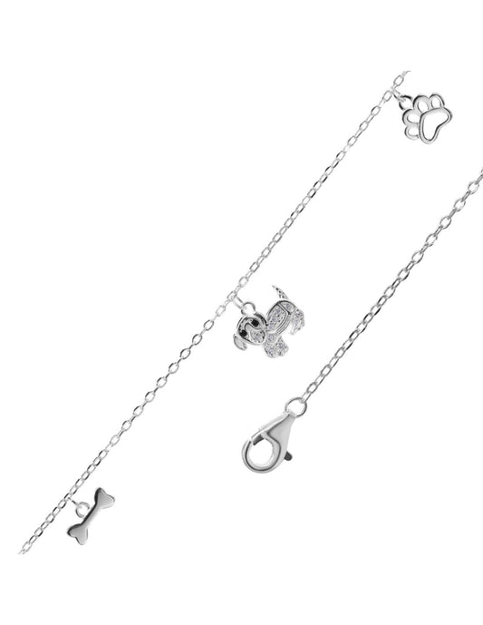 Pulsera de Plata Colgante Perro Salchicha con Circones y Dijes de Hueso y Huella