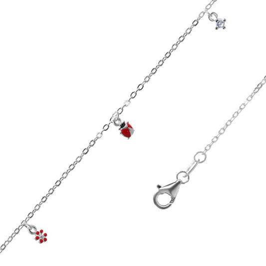 Pulsera de Plata Colgantes de Flor y Chinita Esmaltada con Pequeño Circón