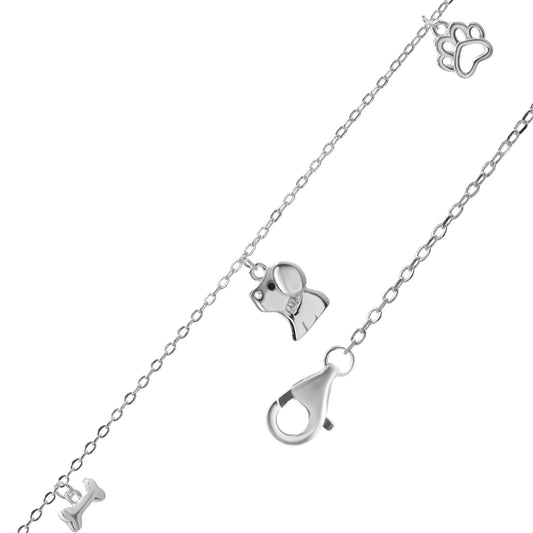 Pulsera de Plata Colgantes de Huella, Perro y Hueso