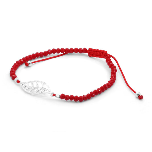 Pulsera de Plata Cristales Rojo con Placa de Hoja