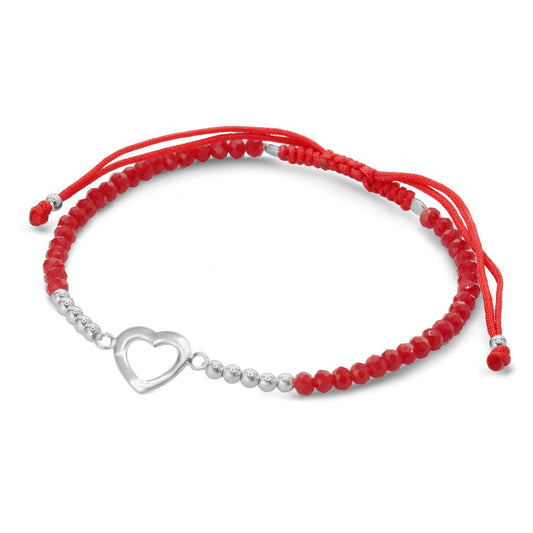 Pulsera de Plata Cristales Rojos con Dije Corazón y Esferas Lisas