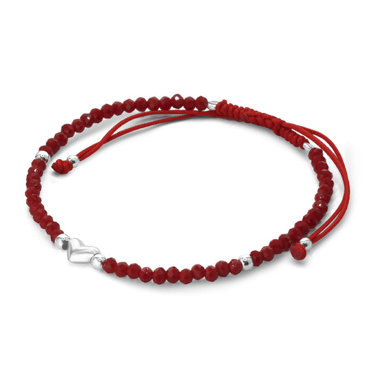 Pulsera de Plata Cristales Rojos con Esferas Lisas y Pequeño Corazón
