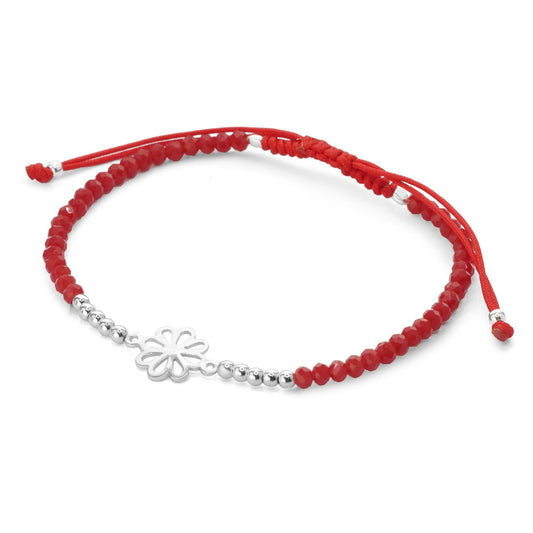 Pulsera de Plata Cristales Rojos con Esferas Lisas y Placa de Flor