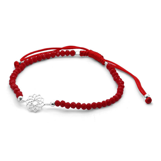 Pulsera de Plata Cristales Rojos con Esferas y Placa de Loto