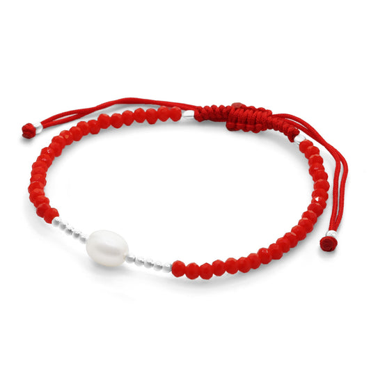 Pulsera de Plata Cristales Rojos con Perla y Esferas