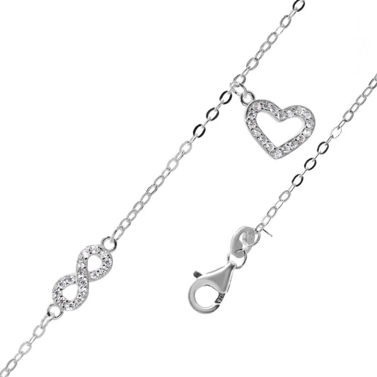 Pulsera de Plata Dije Corazón e Infinito con Circones