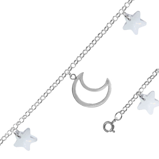 Pulsera de Plata Dije Media Luna con Estrellas de Cristal