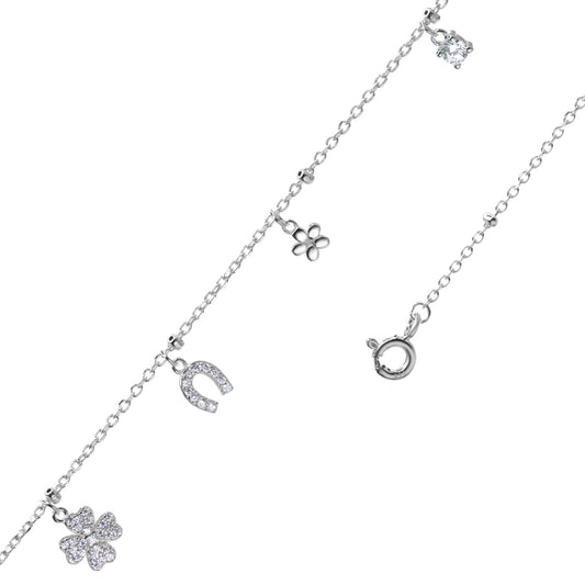 Pulsera de Plata Dijes Herradura y Trébol con Circones