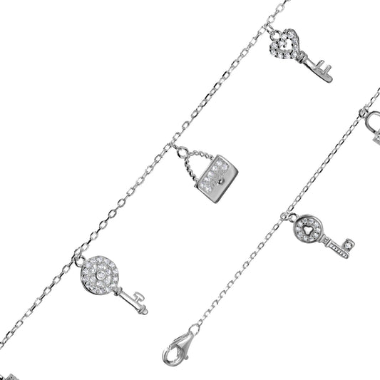 Pulsera de Plata Dijes Llave y Candado con Circones