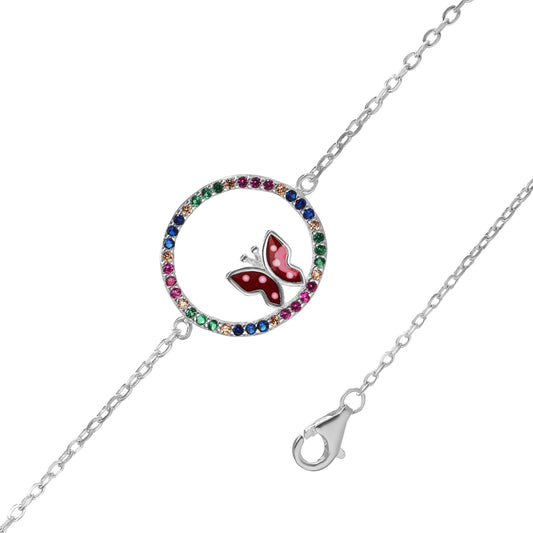 Pulsera de Plata - Circular con Circones de Colores y Mariposa Esmaltada
